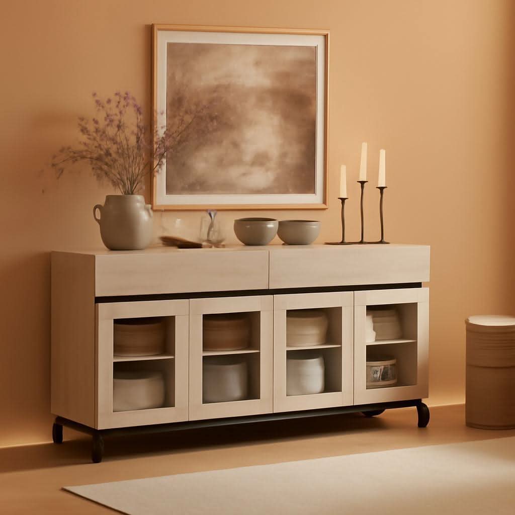 Oak Sideboard Buffet With Glass Doors Light Finish-0