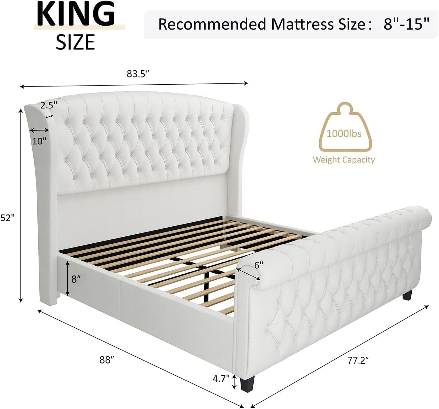 King Size Platform Bed Frame, Chenille Upholstered Sleigh Bed with Scroll Wingback Headboard & Footboard/Button Tufted/No Box Spring Required/Cream-1