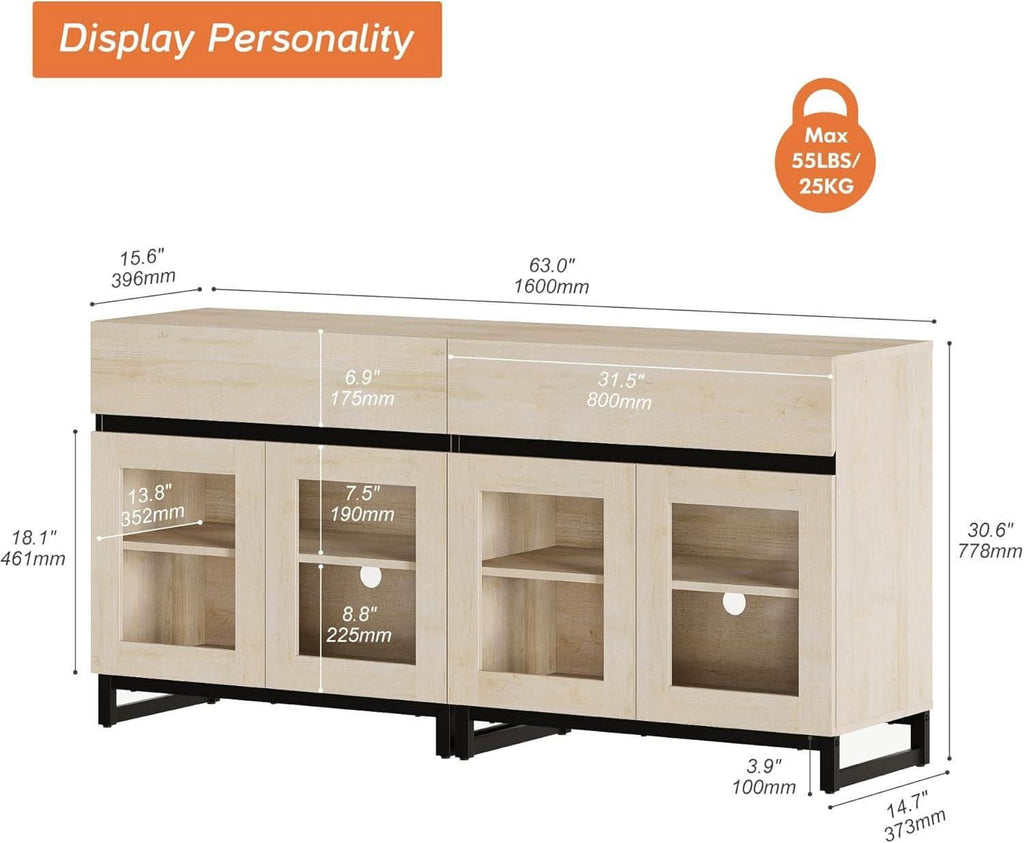 Oak Sideboard Buffet With Glass Doors Light Finish-1
