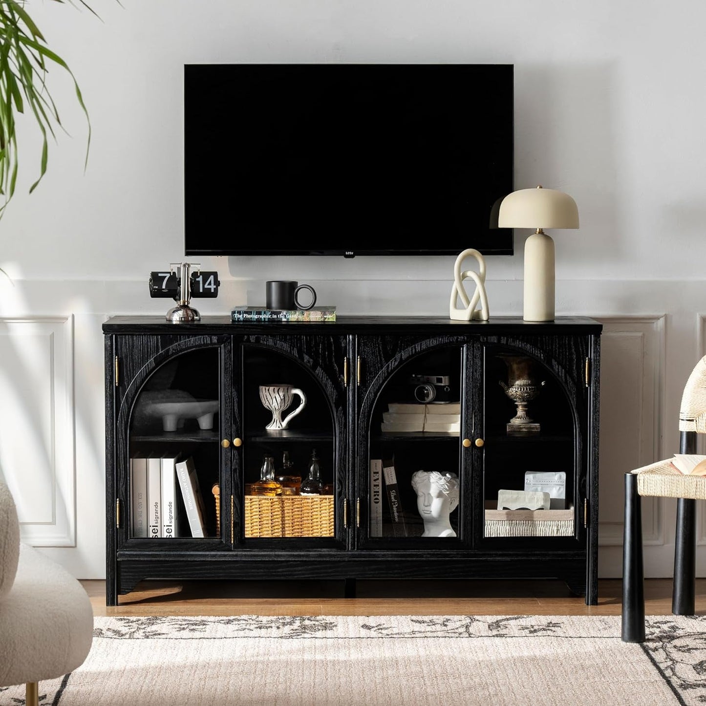 55 Inch Solid Wood Buffet Cabinet Farmhouse Sideboard Black