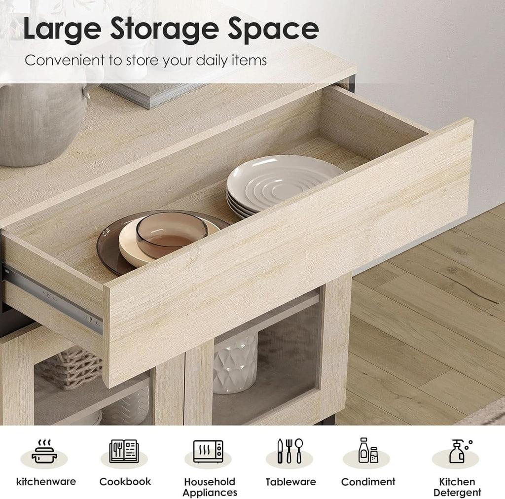 Oak Sideboard Buffet With Glass Doors Light Finish-4
