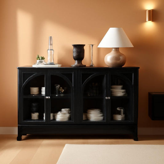 55 Inch Solid Wood Buffet Cabinet Farmhouse Sideboard Black