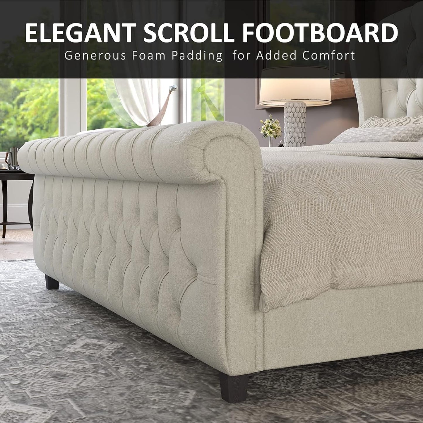 King Size Platform Bed Frame, Chenille Upholstered Sleigh Bed with Scroll Wingback Headboard & Footboard/Button Tufted/No Box Spring Required/Cream-4