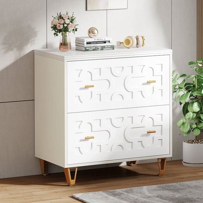 Retro White/Gold Geometric Scroll 2 Drawer Filing Cabinet Printer Stand-0