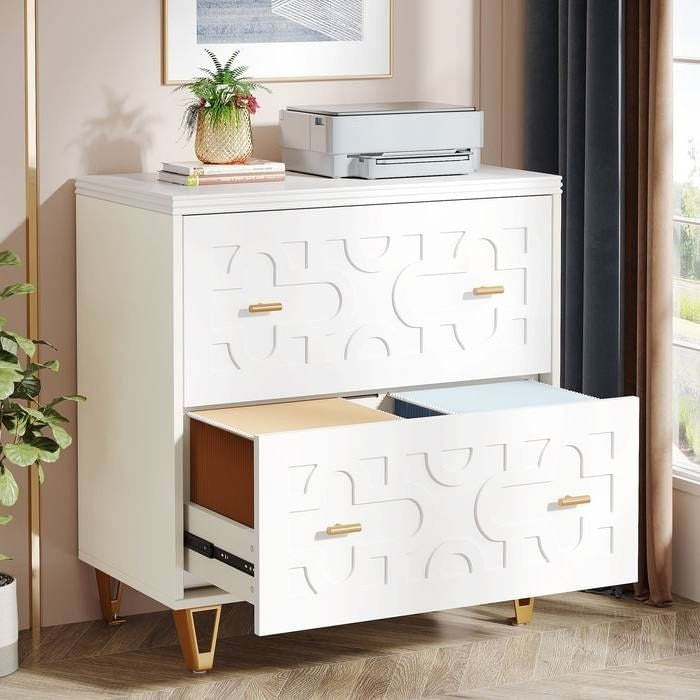Retro White/Gold Geometric Scroll 2 Drawer Filing Cabinet Printer Stand-1