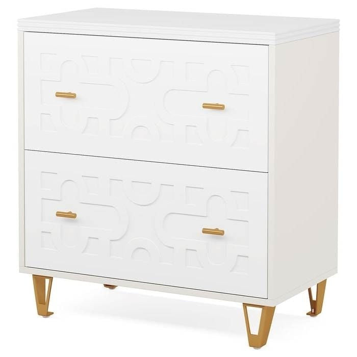 Retro White/Gold Geometric Scroll 2 Drawer Filing Cabinet Printer Stand-2
