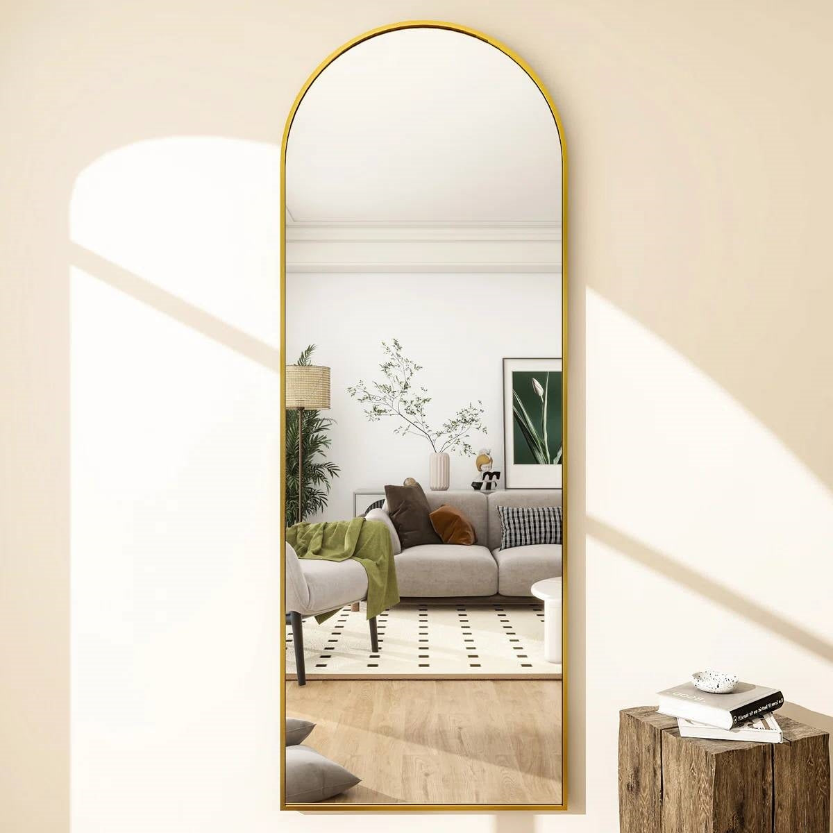 Gold 64-inch Full Length Arched Floor Mirror with Stand and Wall Hanging Screws - Whitelabeauty