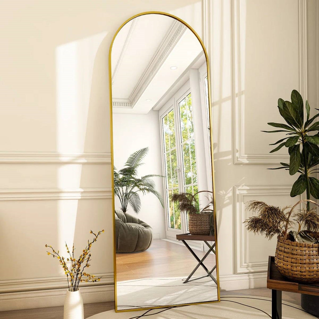 Gold 64-inch Full Length Arched Floor Mirror with Stand and Wall Hanging Screws - Whitelabeauty