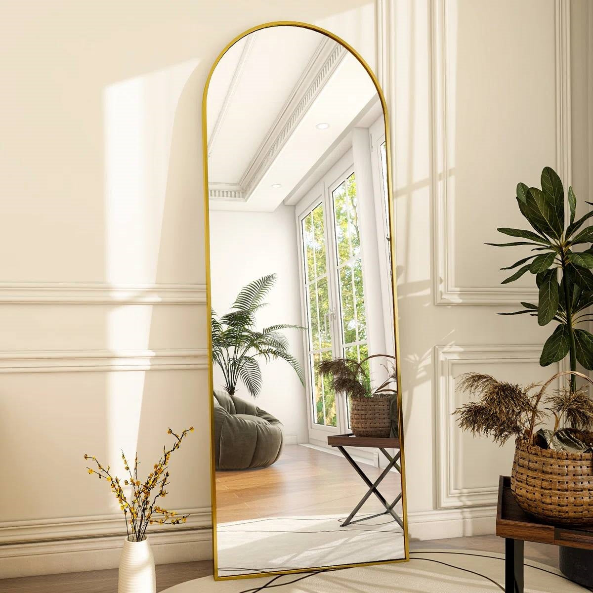 Gold 64-inch Full Length Arched Floor Mirror with Stand and Wall Hanging Screws - Whitelabeauty
