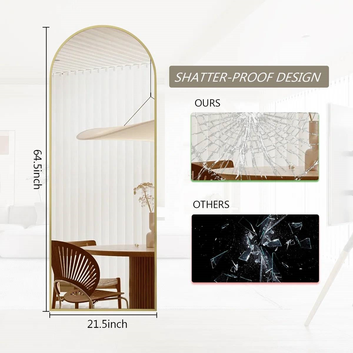 Gold 64-inch Full Length Arched Floor Mirror with Stand and Wall Hanging Screws - Whitelabeauty