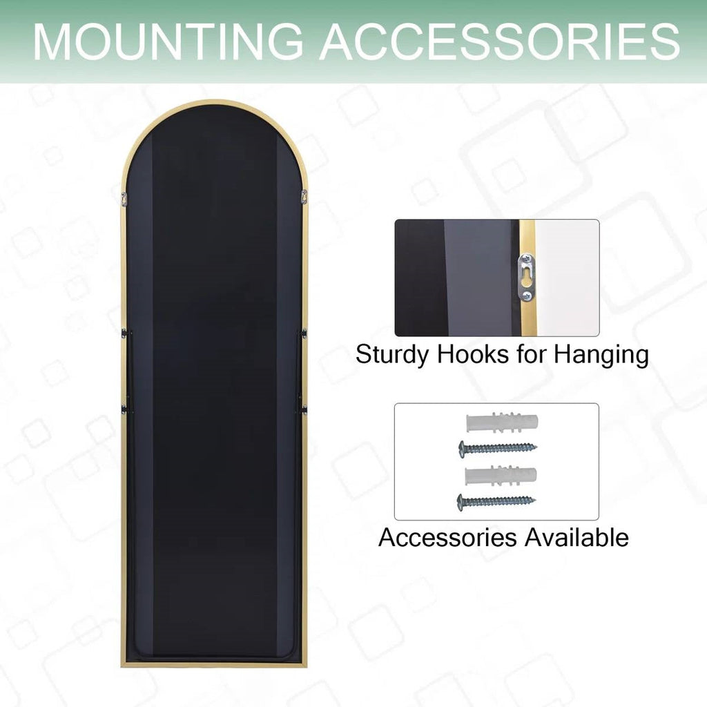 Gold 64-inch Full Length Arched Floor Mirror with Stand and Wall Hanging Screws - Whitelabeauty