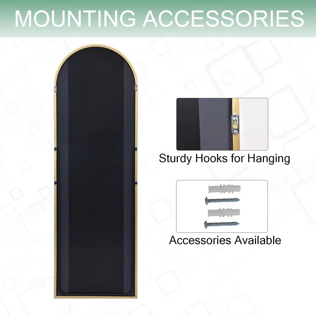 Gold 64-inch Full Length Arched Floor Mirror with Stand and Wall Hanging Screws - Whitelabeauty