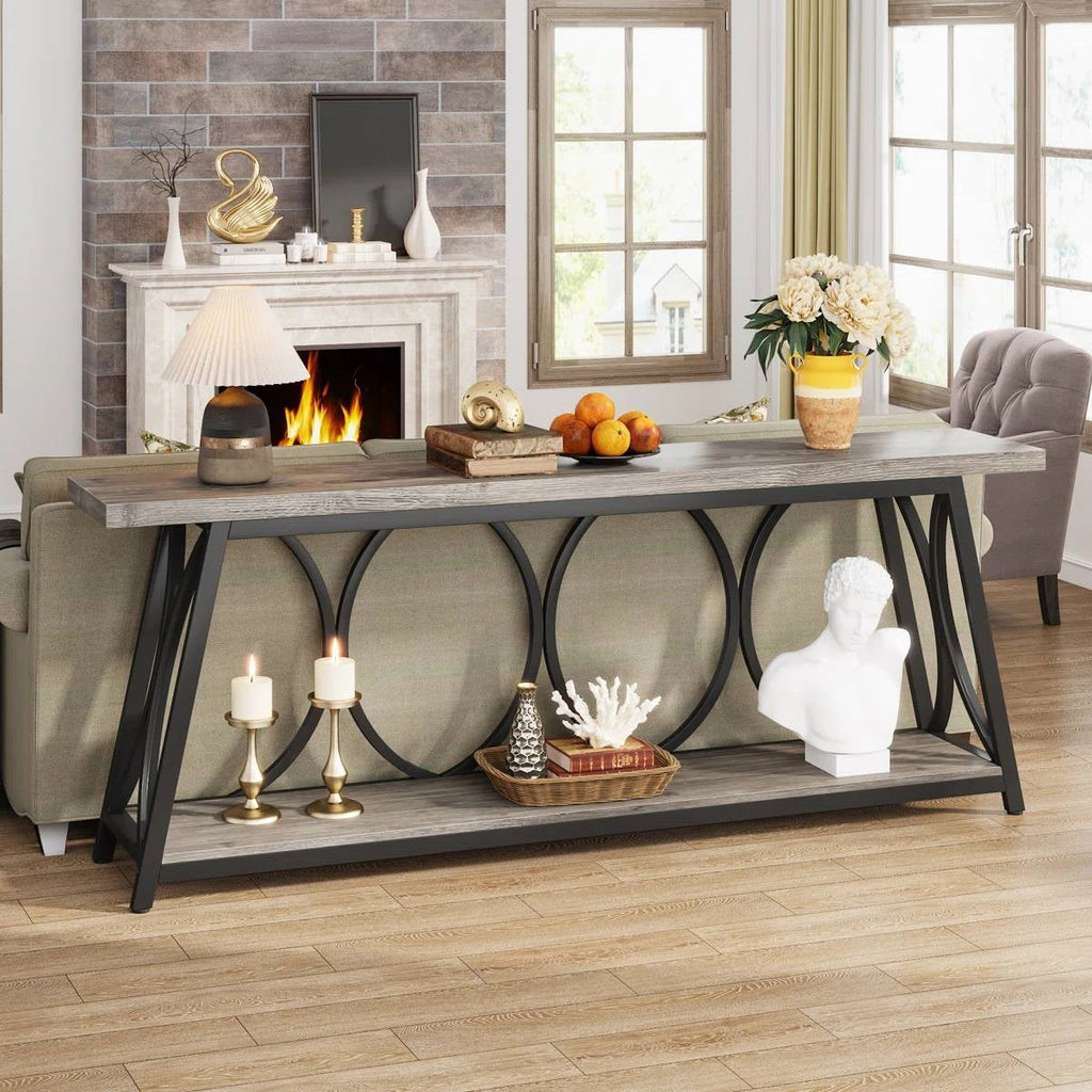 Industrial 70-inch Grey Wood Top Sofa Table with Heavy Duty Black Metal Frame-0