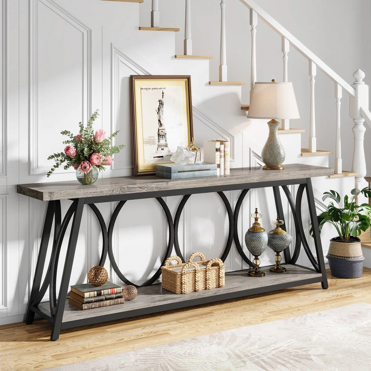 Industrial 70-inch Grey Wood Top Sofa Table with Heavy Duty Black Metal Frame-2