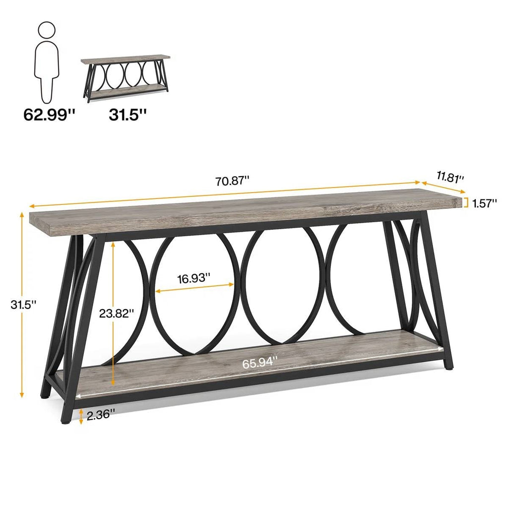 Industrial 70-inch Grey Wood Top Sofa Table with Heavy Duty Black Metal Frame-4