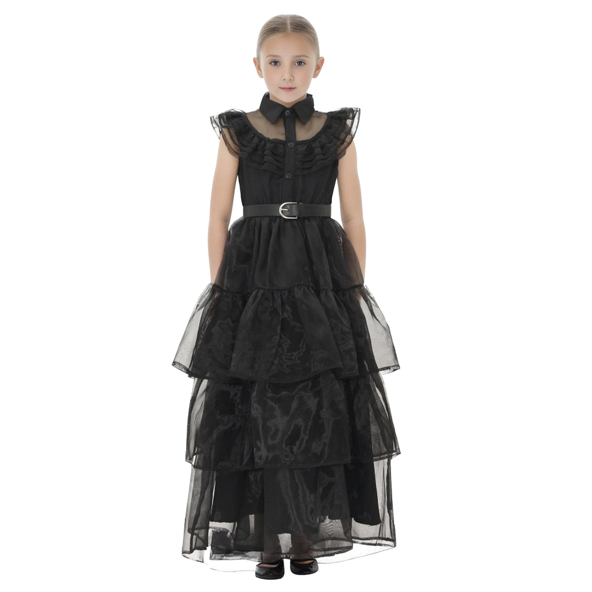 Halloween Wednesday Addams costume for girls – black layered tulle dress with belt