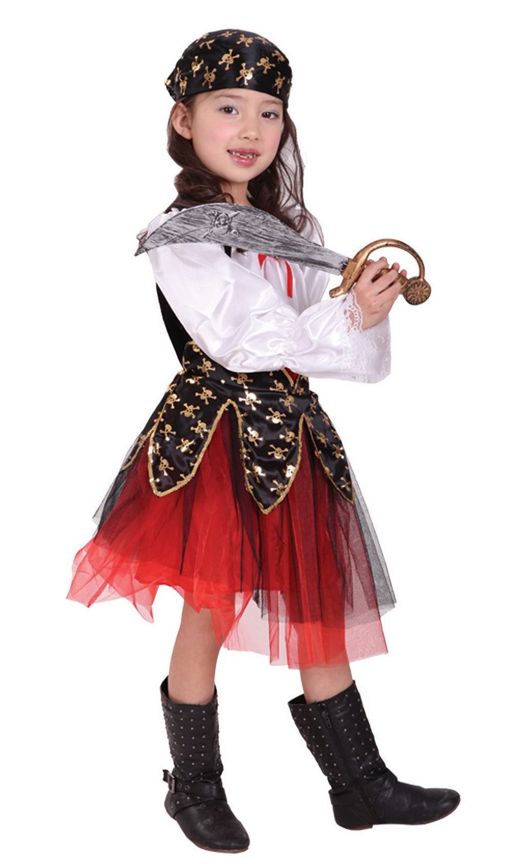 Halloween pirate costume for girls – white blouse with skull skirt, bandana and sword