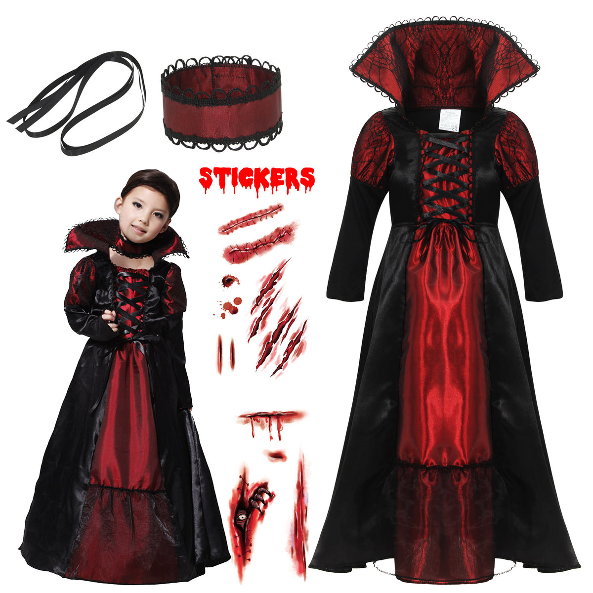 Halloween vampire costume for girls – red and black dress with cape collar and horror stickers