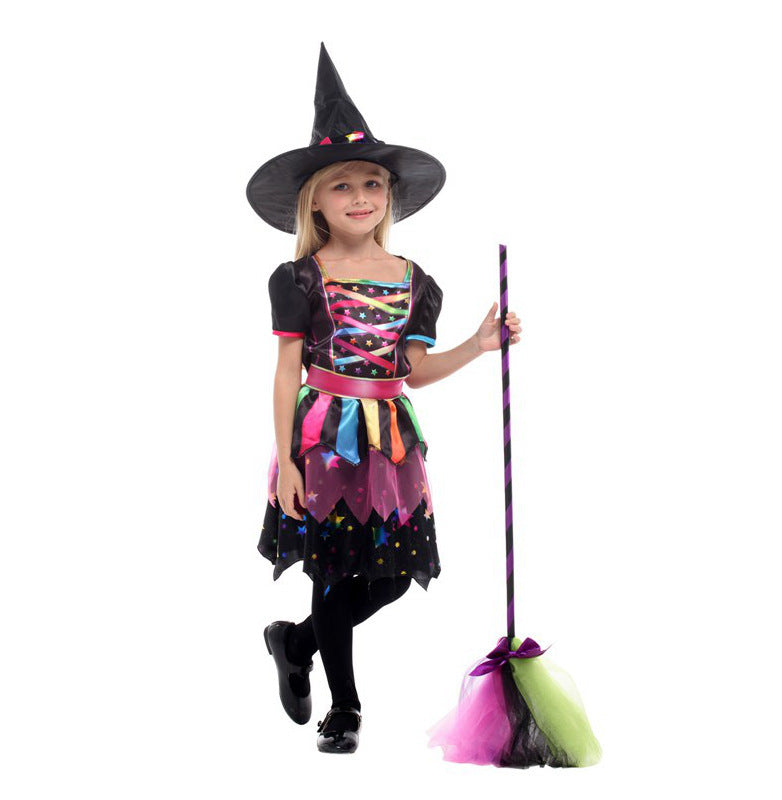 Halloween witch costume for girls – colorful dress with hat and broomstick