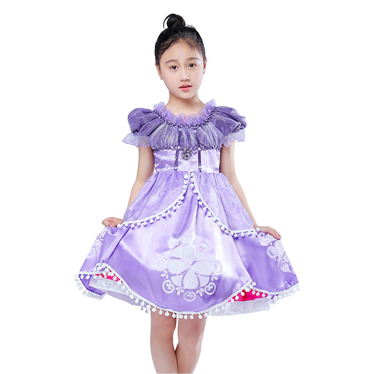 Princess Sofia costume for girls – purple satin dress with puff sleeves and tulle collar