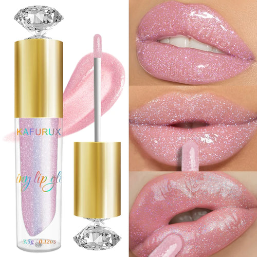 CD moisturizing diamond shimmer glitter pink lip gloss tube and application on lips