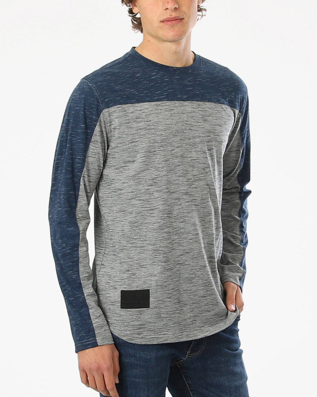 Athletic Color Block Long Sleeve Curved Hemline Casual Shirt-1