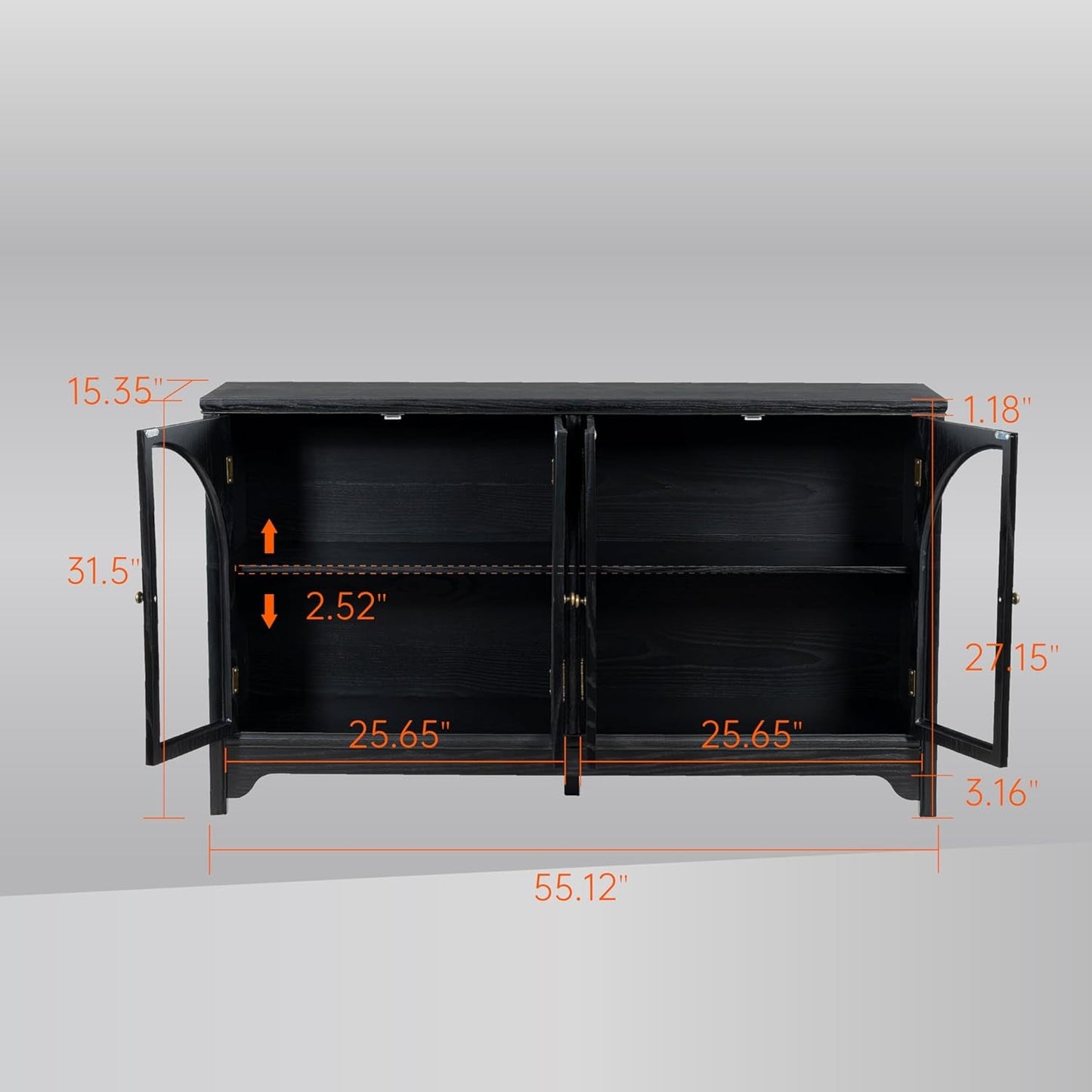 55 Inch Solid Wood Buffet Cabinet Farmhouse Sideboard Black