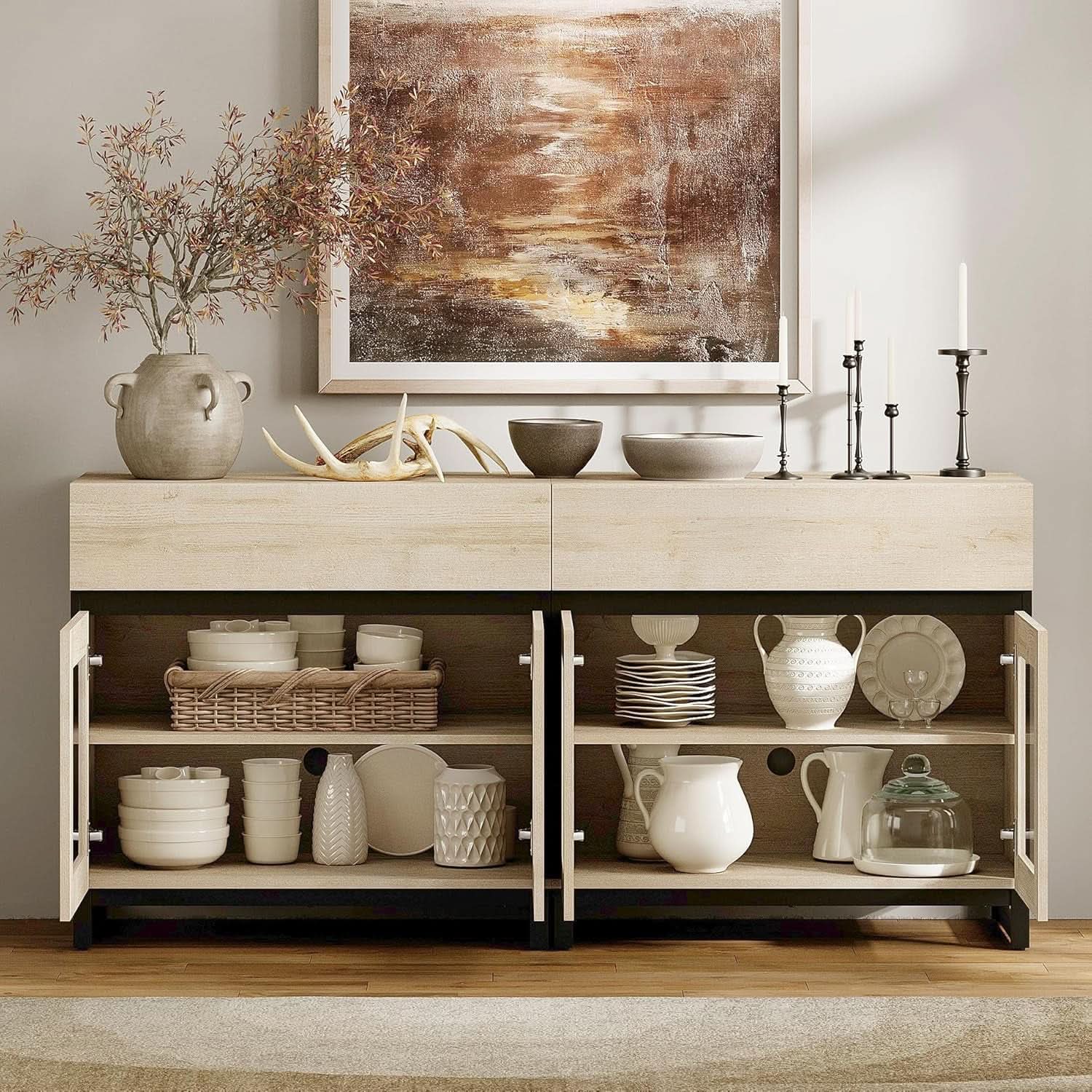 Oak Sideboard Buffet With Glass Doors Light Finish-3