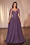 Pleated A-Line Gown With Cape Sleeves-2