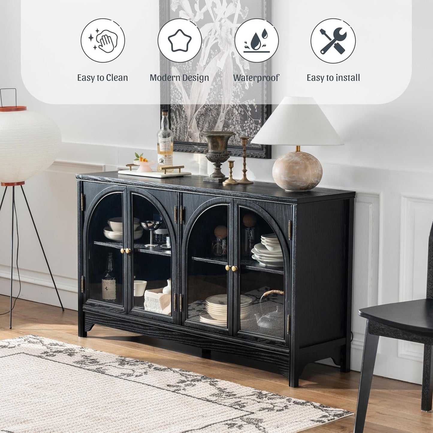 55 Inch Solid Wood Buffet Cabinet Farmhouse Sideboard Black