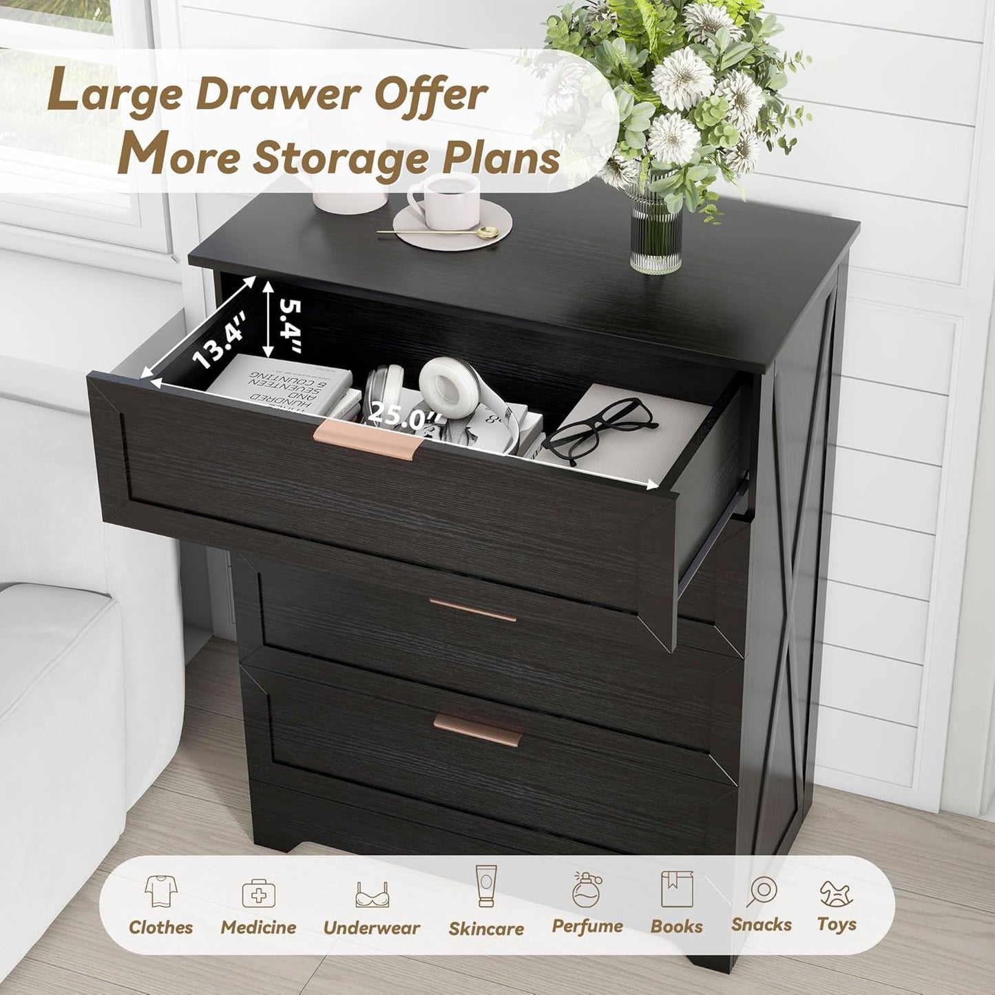 Black Four Drawer Dresser With Rose Gold Handles Arched Base
