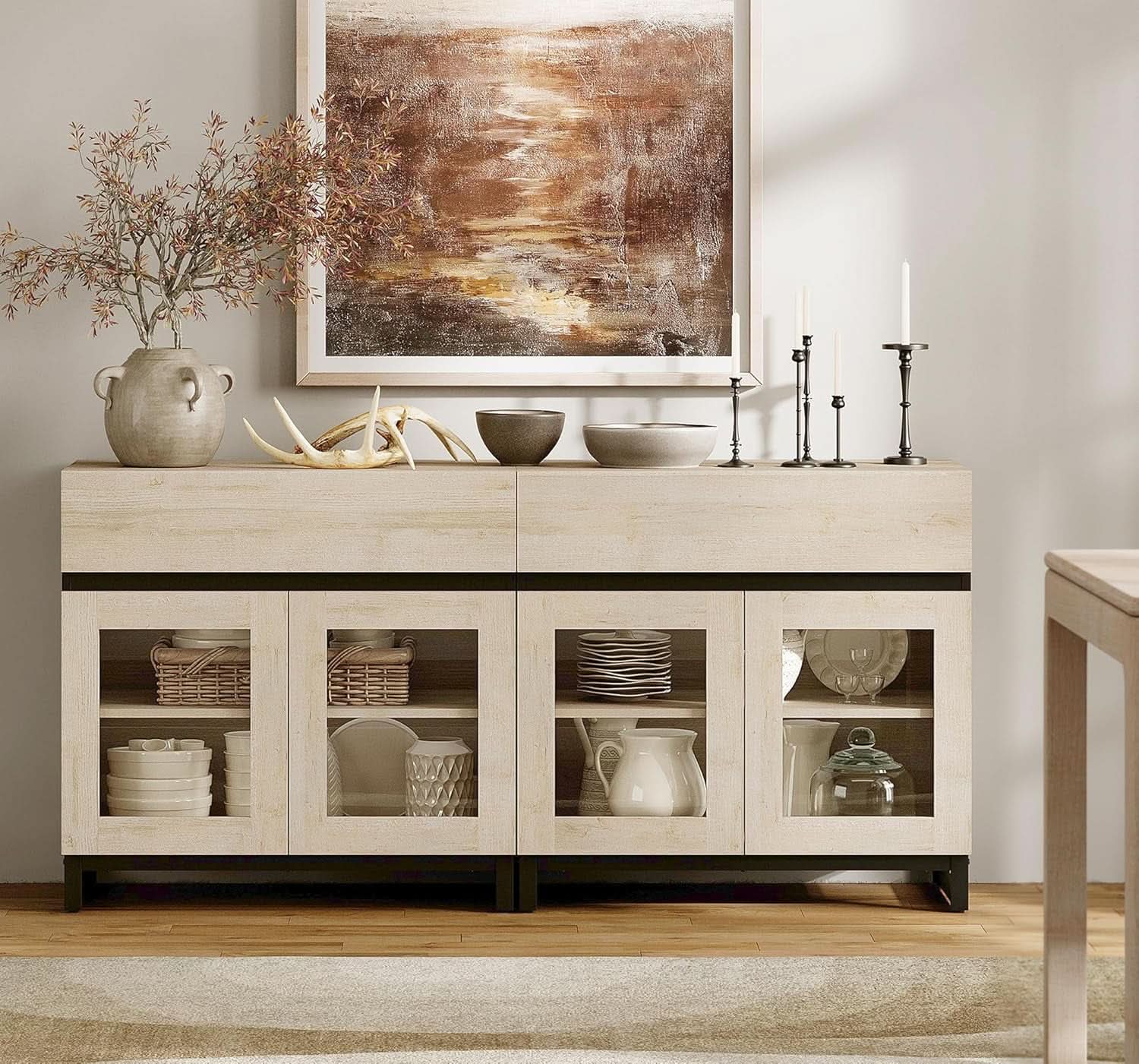 Oak Sideboard Buffet With Glass Doors Light Finish-2