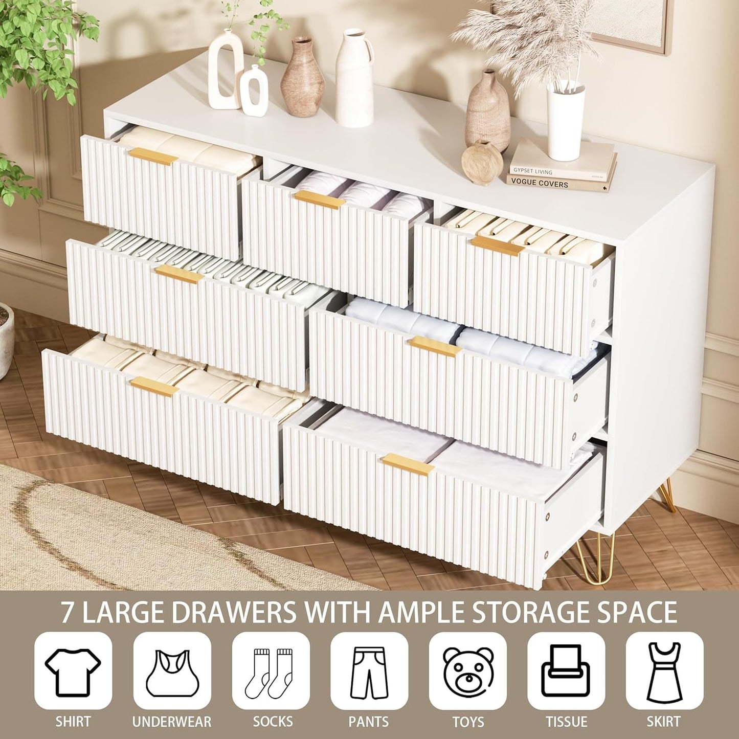 White Dresser 47 Inch Wide Modern Storage With Drawers