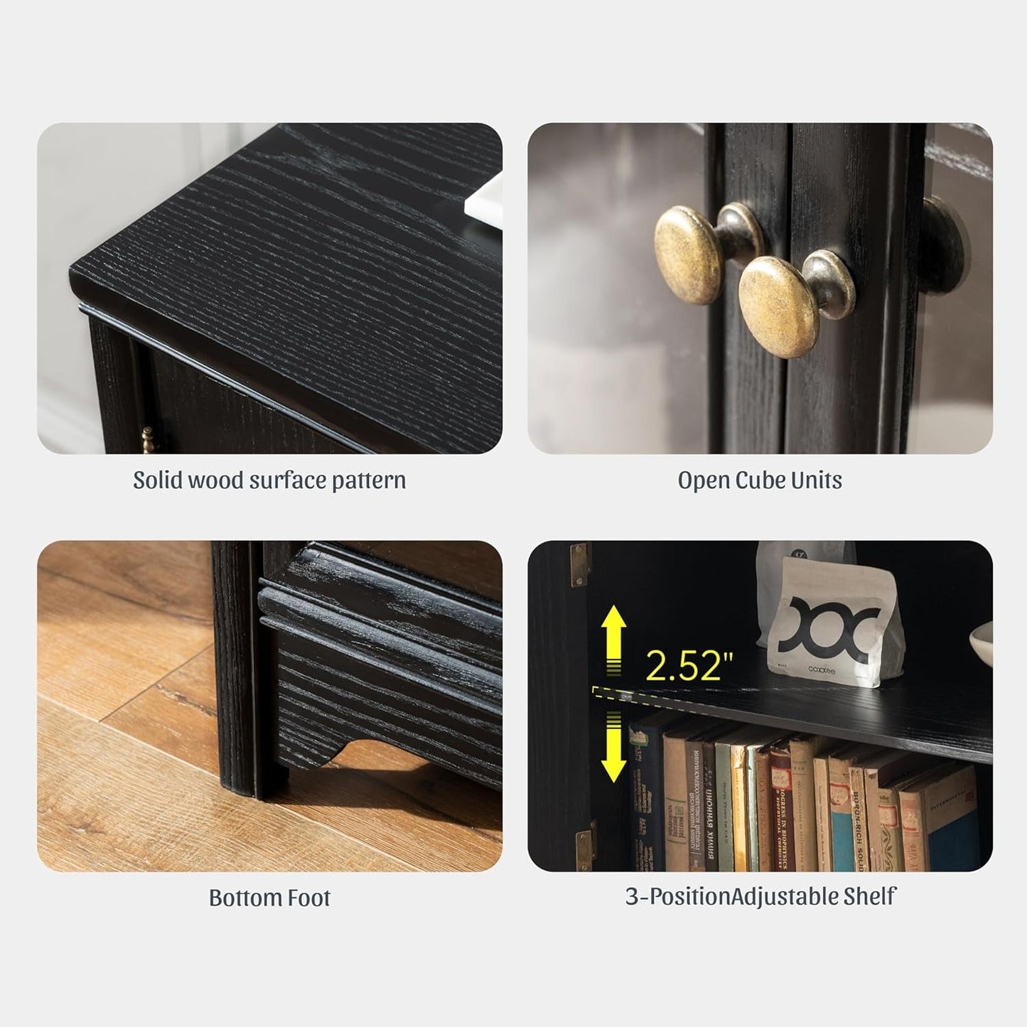 55 Inch Solid Wood Buffet Cabinet Farmhouse Sideboard Black