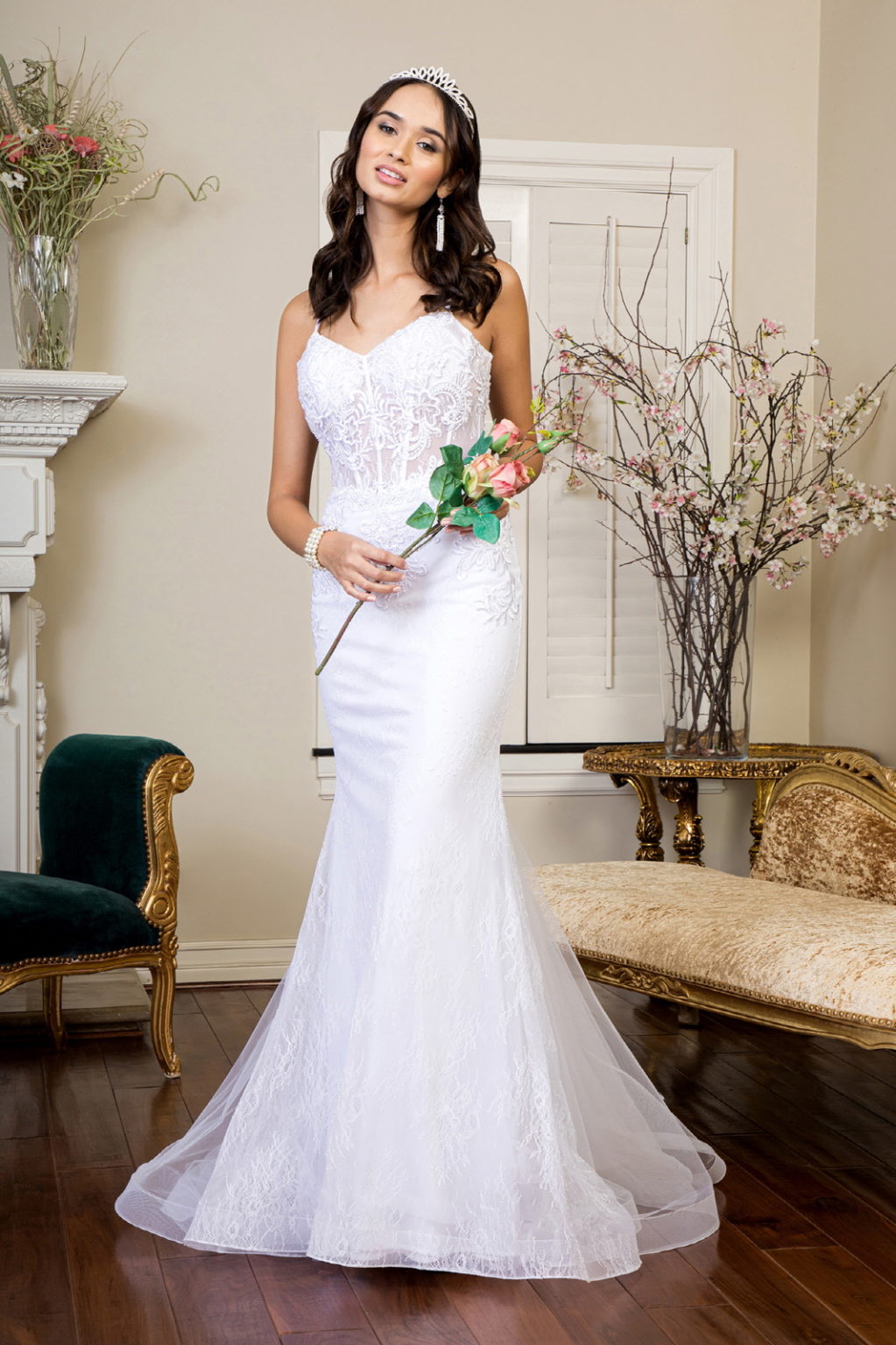 Embroidered Sheer Bodice Mermaid Wedding Gown w/ Lace Up Back - Whitelabeauty