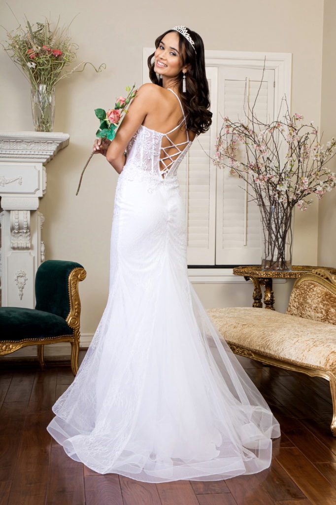 Embroidered Sheer Bodice Mermaid Wedding Gown w/ Lace Up Back - Whitelabeauty