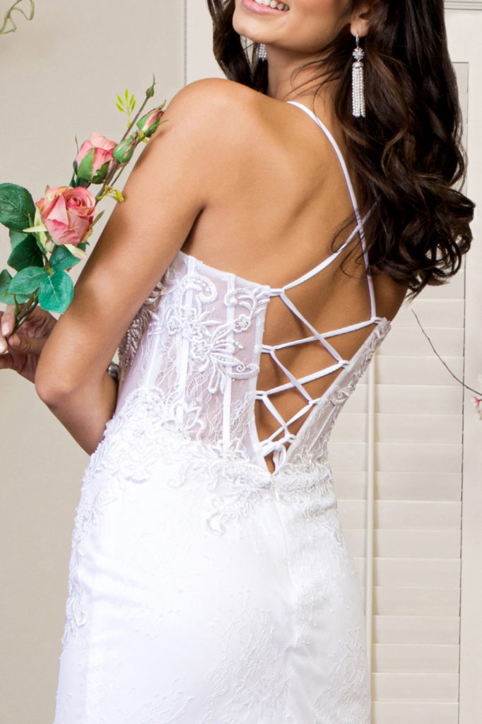 Embroidered Sheer Bodice Mermaid Wedding Gown w/ Lace Up Back - Whitelabeauty