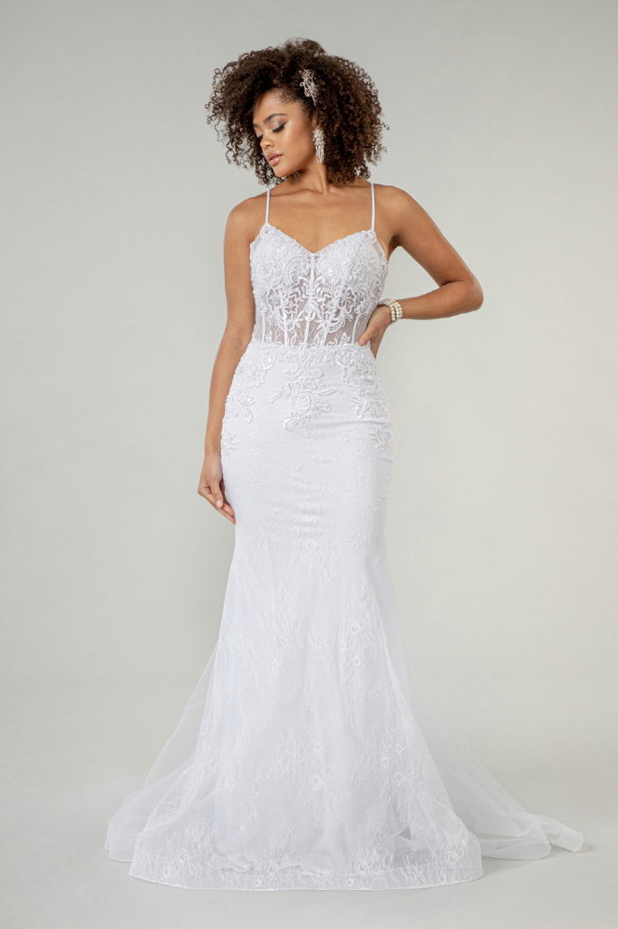 Embroidered Sheer Bodice Mermaid Wedding Gown w/ Lace Up Back - Whitelabeauty