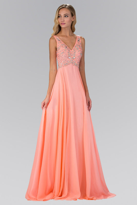 V Neck and Back Chiffon Floor Length Dress with Jewel and Sequin Bodice - Whitelabeauty