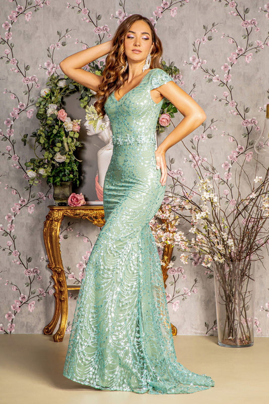 3-D Flower Glitter Sheer Neckline Mesh Mermaid Long Dress - Whitelabeauty