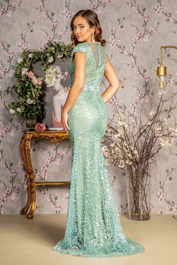 3-D Flower Glitter Sheer Neckline Mesh Mermaid Long Dress - Whitelabeauty